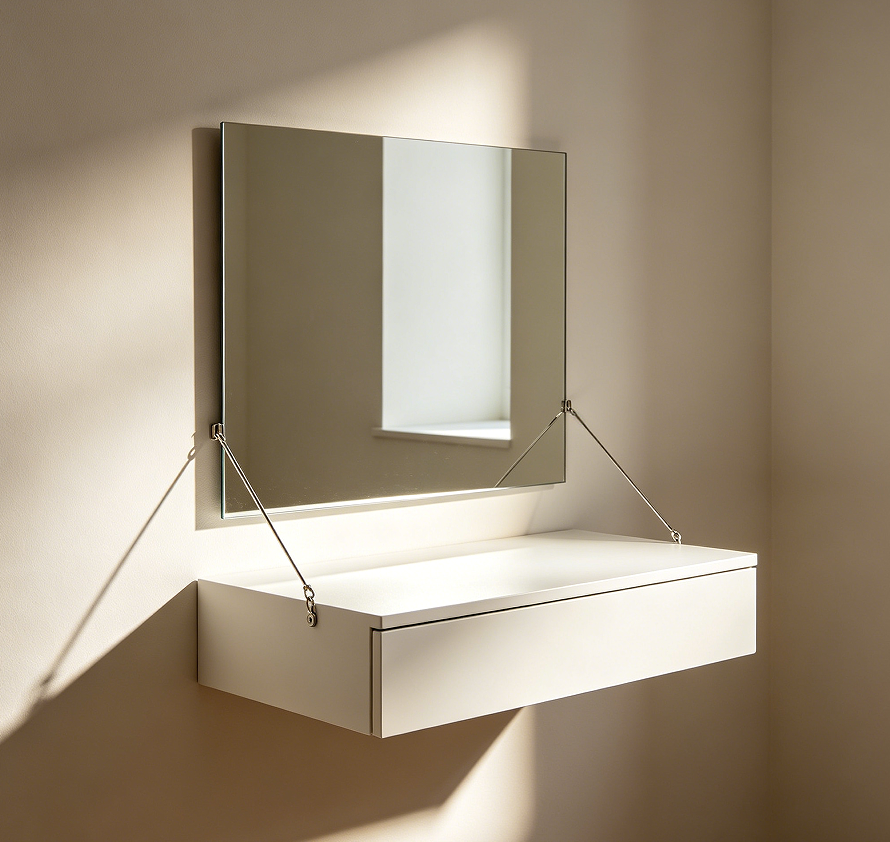 Minimalist Hanging Wall Vanity with Magnetic Mirror and No Drawers